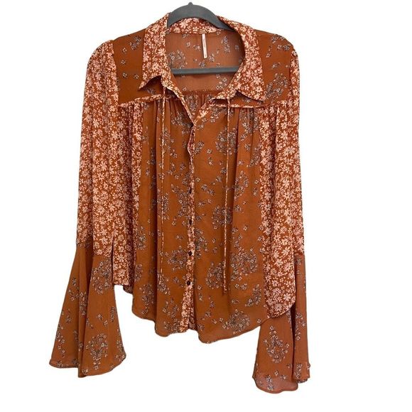 Free People Tops - Free People Serena Blouse Floral Bell Sleeves Micro Floral Rust Sheer Size Large
